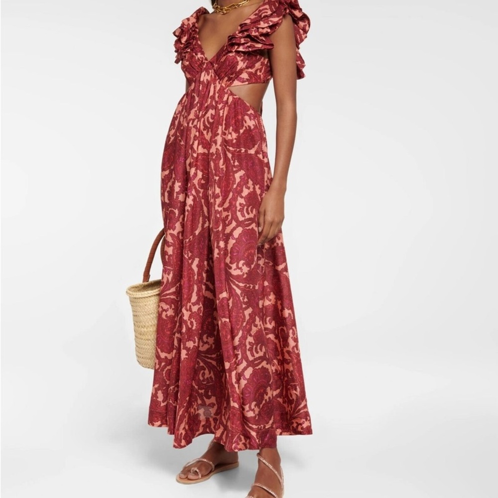 Zimmermann Tiggy Silk Red and Rose Floral Backless Ruffle Maxi Dress